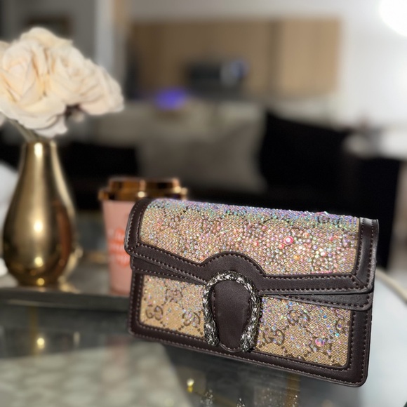 Bejeweled Brown Embellished Women's crossbody chain mini Bag - Picture 2 of 11